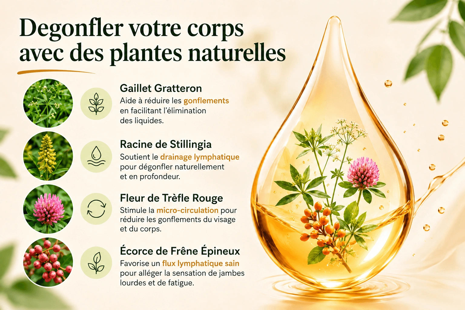 DÉGONFLEZ EN 20 JOURS GRÂCE À 4 PLANTES DRAINANTES.